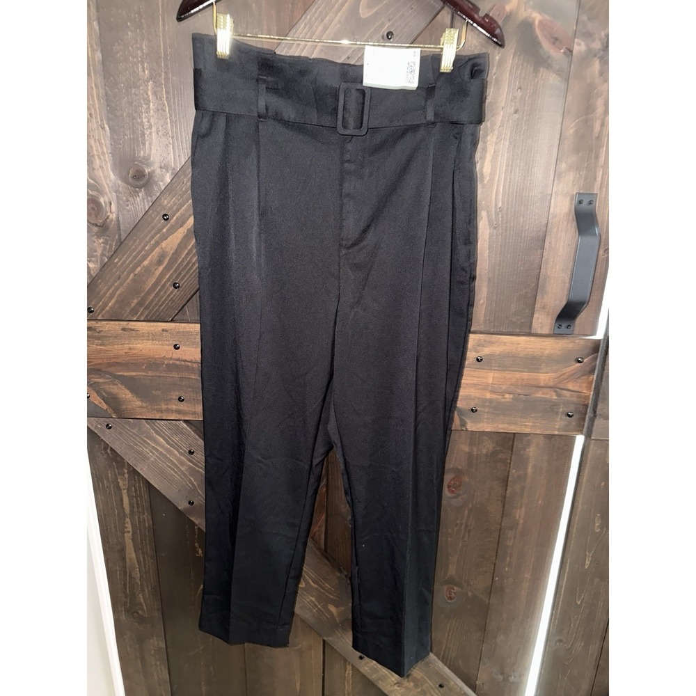 H&M NEW Pants Womens 12 Black Retro High Ruffle Waist Sash Belt Relaxed Wide Leg
